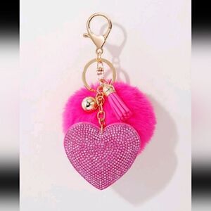 Hot Pink Crystal Swavorski Heart Tassel Faux Fur Pom Keychain Purse Charm
